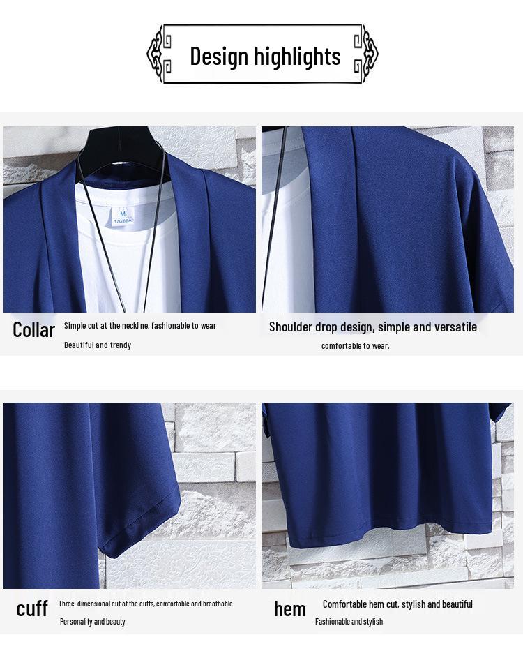 Men's Casual Seven-Sleeve Ice Silk Cardigan, Chinese Style, Solid Color, Plus Size