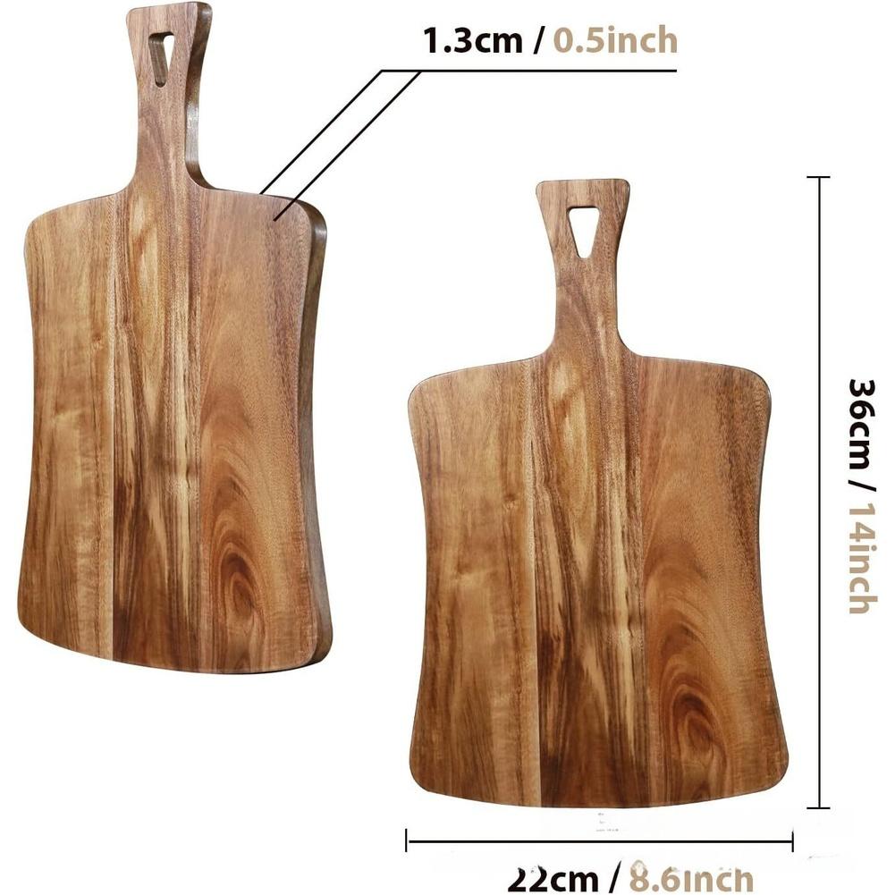 Acacia Wood Round Cutting Board with Dual Sided Reversible Stain Resistant Finish and Ergonomic Handle for Kitchen Use