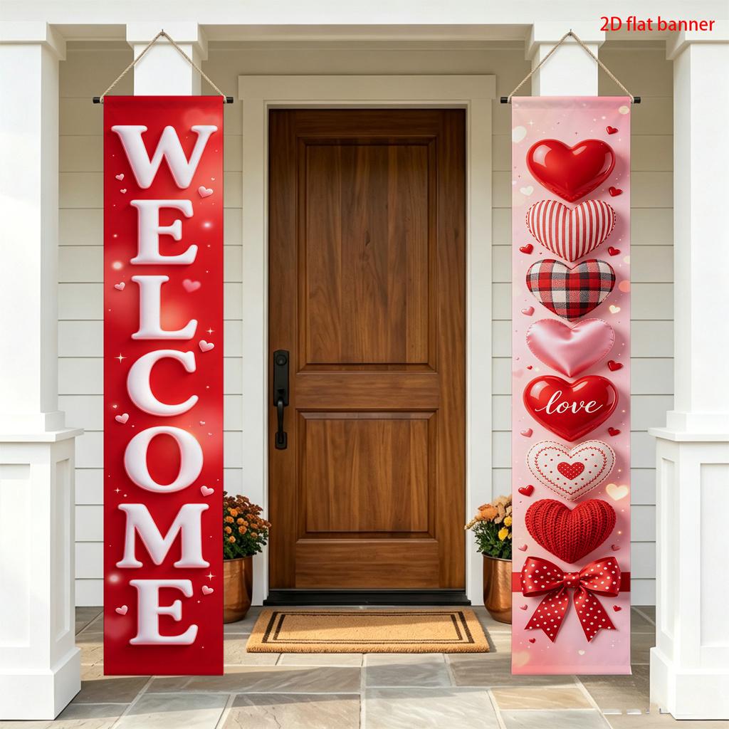 2D Flat, 2D Flat, 2D Flat Banner, 2pcs Valentine'S Day Romantic Welcome Theme Polyester Couplets Door Side Hanging Banner, Red Pink Gradient Backgroun