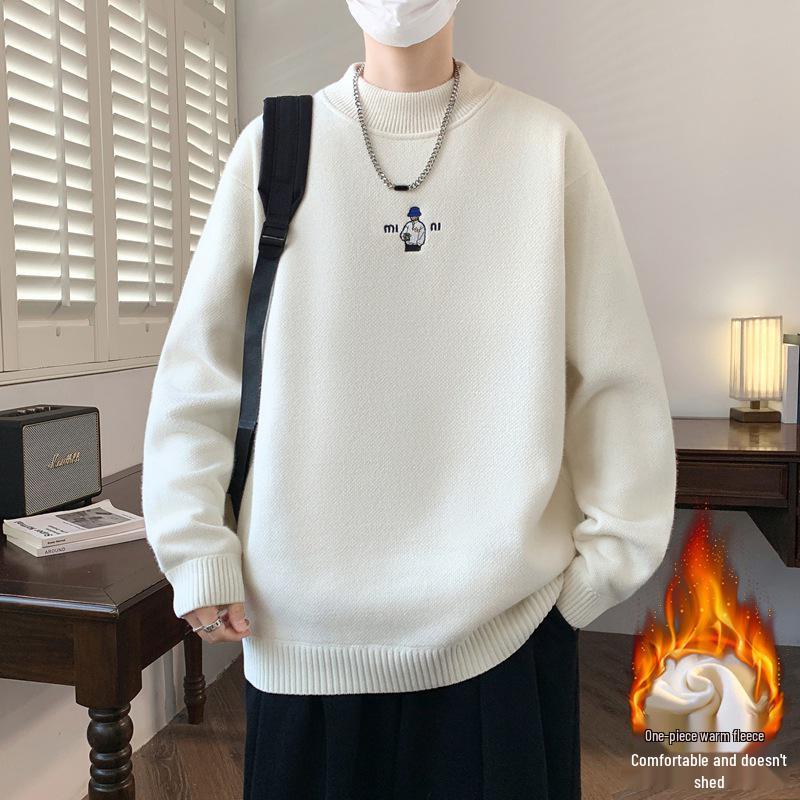KM1023 Winter Plus Velvet High Neck Embroidered Men's Sweater - Thickened Base Layer Knitwear.