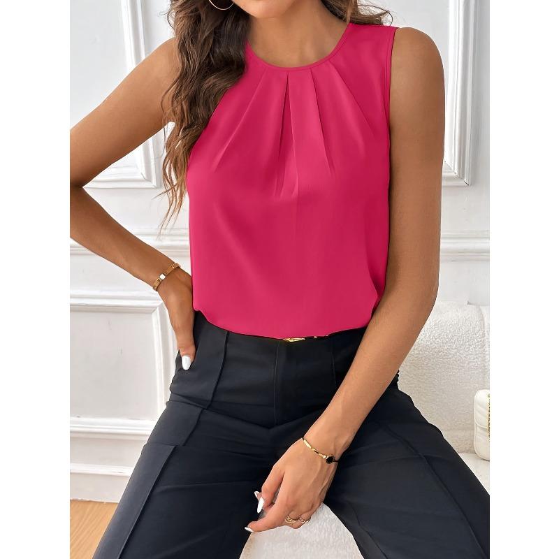 Women's Sleeveless Chiffon Blouses Casual Solid Colors O-Neck Tank Tops Elegant Summer Office Lady Work Shirts Y2k Clothes
