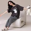 Women's Cotton Pajama Set: Summer Short Sleeve, Long Pants, Chest Pads, Round Neck, Cartoon Design, Suitable for Outside Wear