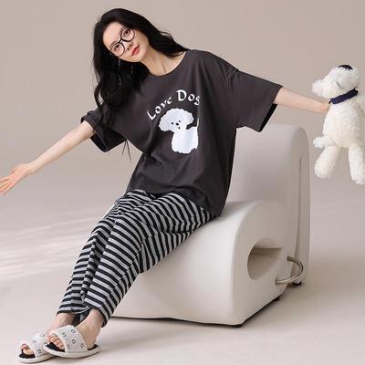 Damen-Pyjama-Set aus Baumwolle: Sommer Kurzarm, Lange Hosen, Brustpolster, Rundhalsausschnitt, Cartoon-Design, Geeignet für Draußen