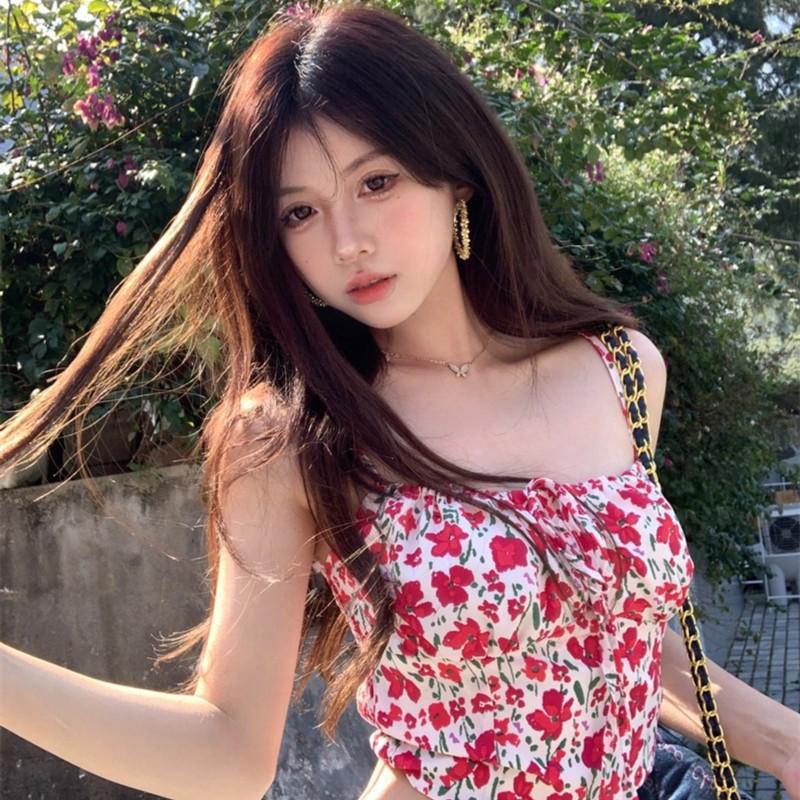 Sweet Spice Girl floral suspender vest women's summer pure desire backless sleeveless lace-up inside slim short top outside