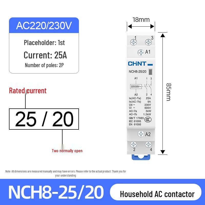 Chint NCH8-20/20 Silent AC Contactor, Single-Phase, 220V, 24V DIN Rail Mount