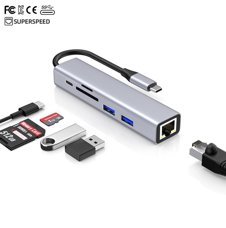 Fabrik USB-Hub 6 in 1 HDMI-Hub USB C auf 2x USB 3.0 PD Schnellladung SD/TF-Kartenleser RJ45(1000Mbps)  Hub-Dockingstation
