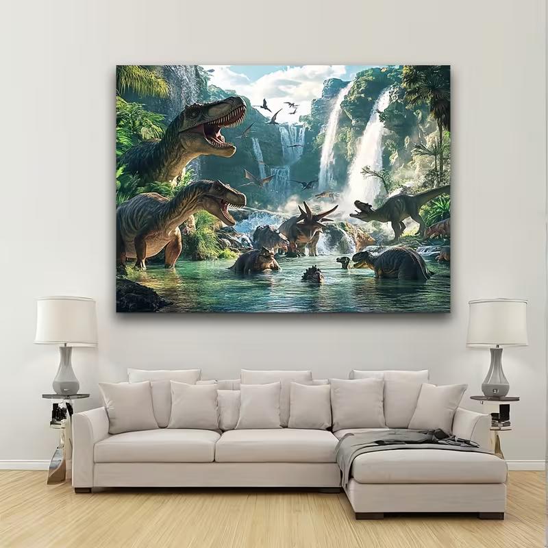 Prähistorische Dinosaurierfamilie Kulisse Dschungel-Wasserfall-Szene Hintergrundtuch für Kindergeburtstagsparty