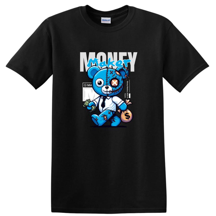 Money Maker Teddy Bear Cartoon T Shirt Cute Blue Bear Tee for Fun Occasions M