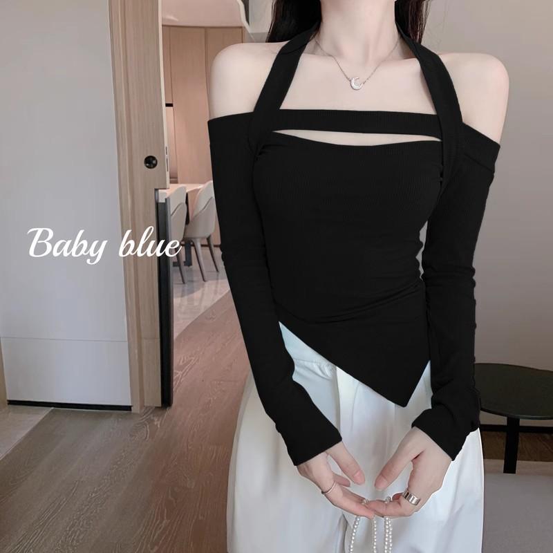 Pure Desire Spice Girl Hanging Neck One-word Collar Off-the-shoulder Hollow Long-sleeved T-shirt Women's Careful Machine Tight Irregular Short Top