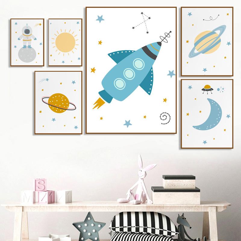 Cartoon Moon Planet And Prints Sun Rocket Poster Canvas Prints Children's Room Wall Art Decoration Pictures Children's Room Art No Frame