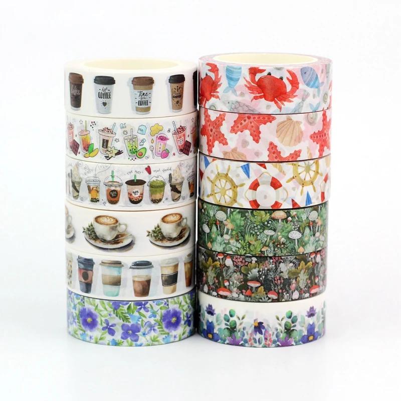 Eco Paper 1pc 10M Decor Mushrooms Flowers Cups Nautical Washi Tape Set for Scrapbooking Journaling Masking Tape Cute Stationery