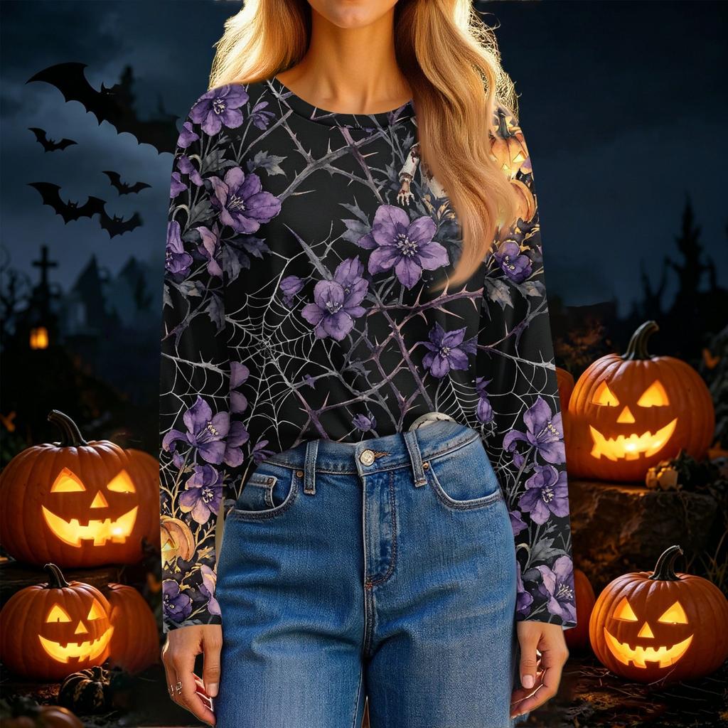 Women's Fashion Casual Long Sleeve Halloween Print Crewneck Top