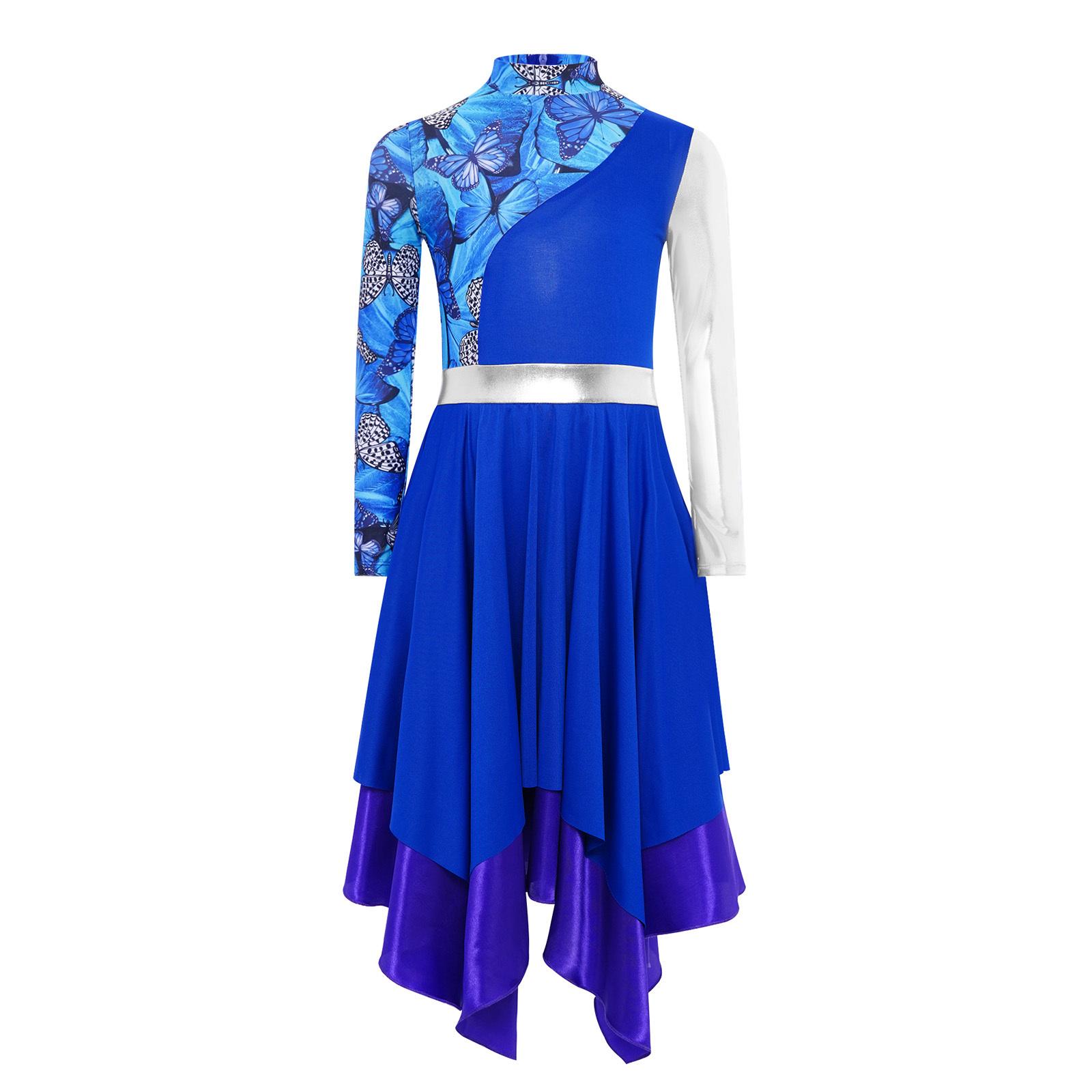 

Дівчаче літургійне плаття для танцю хвали з коміром-стійкою, довгим рукавом, стильним принтом, металевим кольоровим блоком, нерегулярне плаття 5-6 Years синій