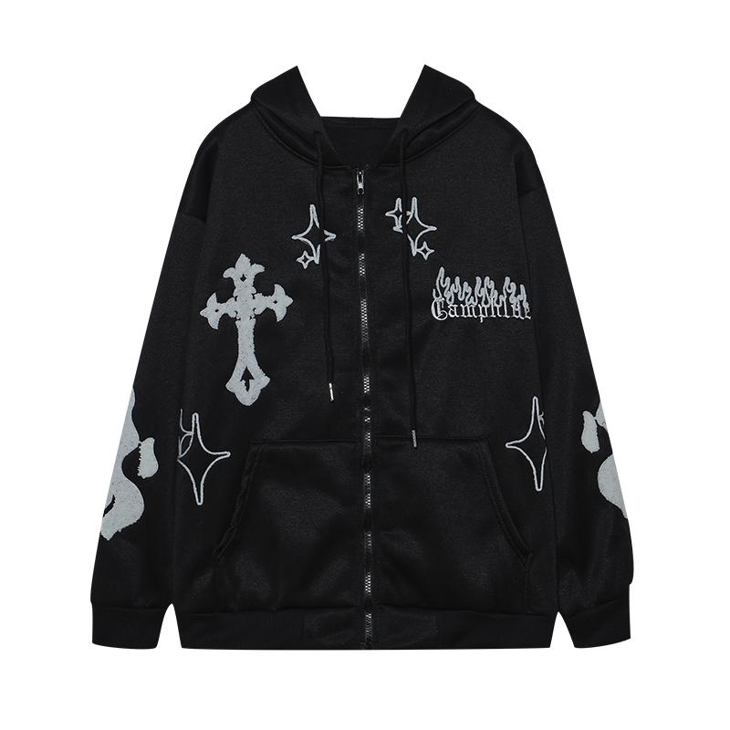 

2023 European and American Autumn/Winter Hoodie Embroidered Cross Flame Coat Plush Couple Loose Top Sweater 2XL