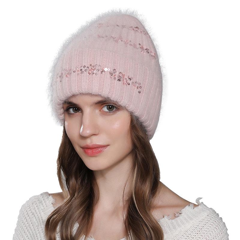 Women's New Winter Sequin Rabbit Hair Warmth Versatile Ear Protection Knitted Wood Hat