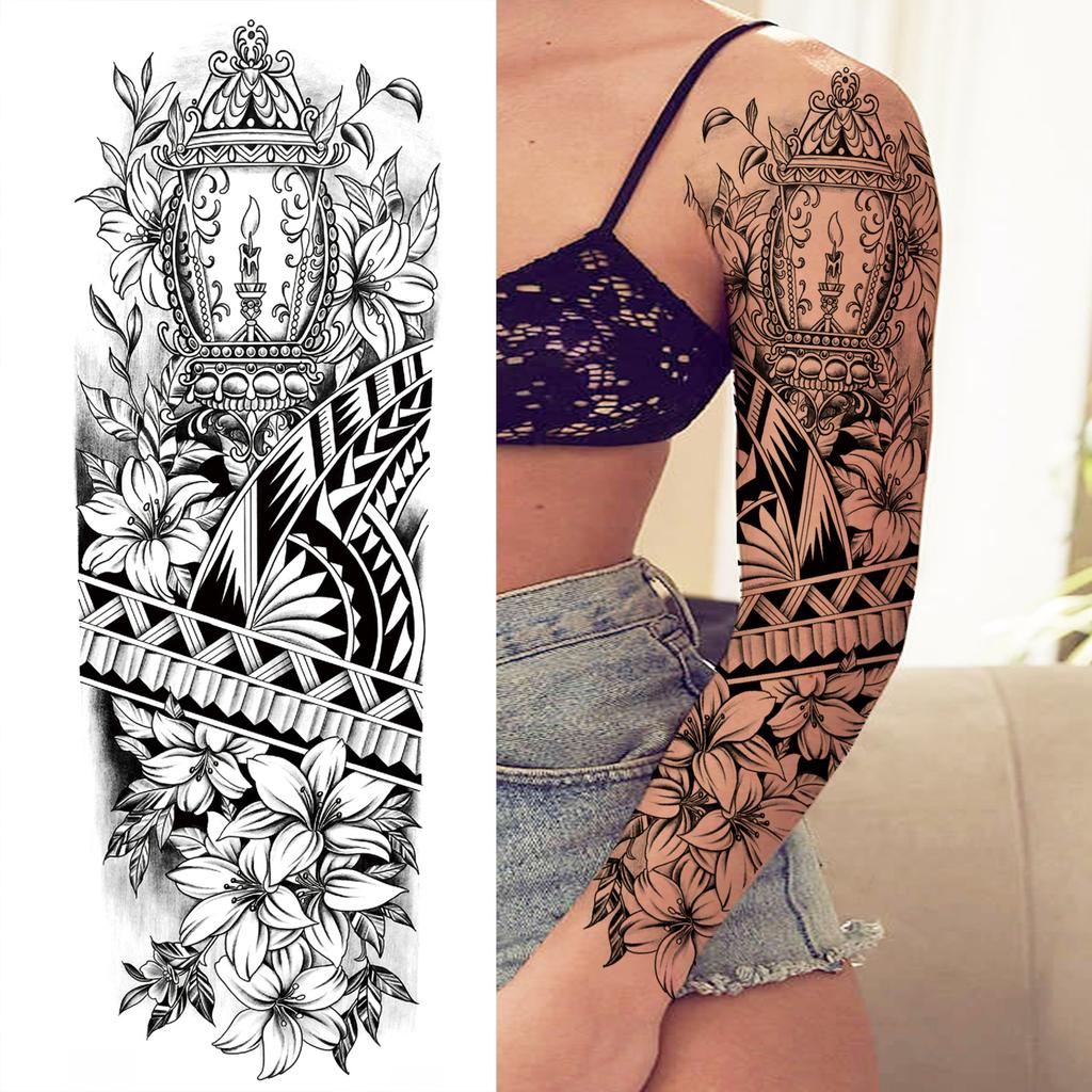 1 Sheet Long Sleeve Temporary Tattoos For Men Women Flower Skull Lion Wolf Tiger Nun Fox Compass Tattoo Sticker Body Art Arm Leg