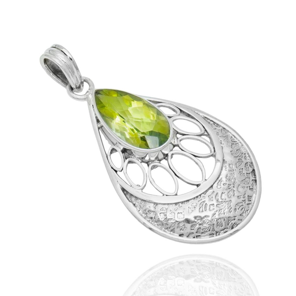 Green Quartz Pendant, 92.5% Silver Pendant for Her, Pear Shape Pendant, Green Stone Pendant