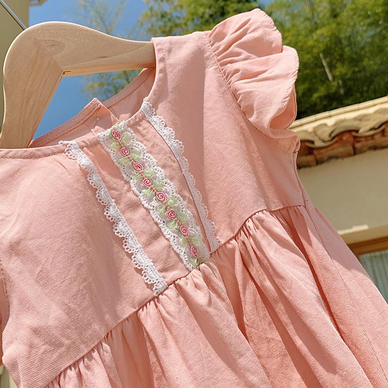 Korean Style Girls' Lace Trim Puff Sleeve Dress - 2026 Summer Collection in Washed Cotton