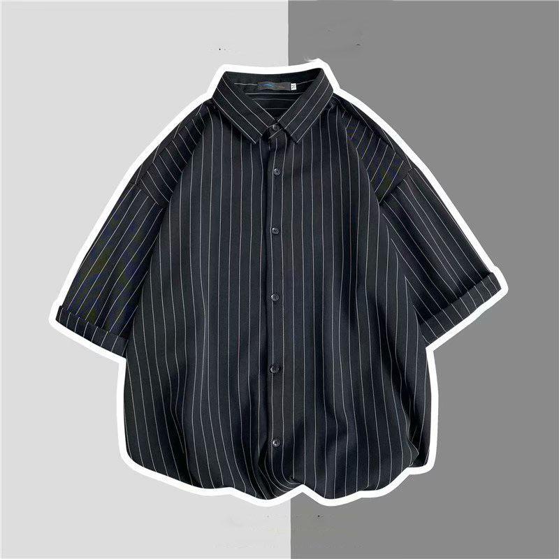 

Літня вінтажна сорочка з піврукавом у вертикальну смужку. Чоловіча літня парна модна універсальна сорочка великого розміру XXXL чорний