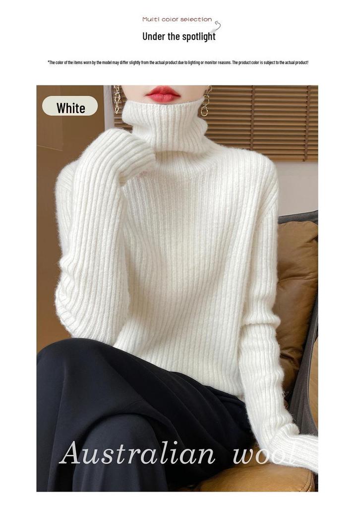 Women's High Neck Wool Sweater - Slim Fit, 100% Wool, Striped, Autumn/Winter Knit Pullover