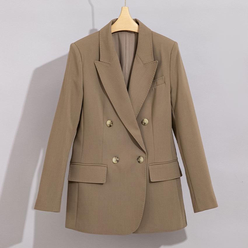 

Женский двубортный приталенный блейзер - Формальный жакет высокого класса для весны и осени Small кофейный/верблюд