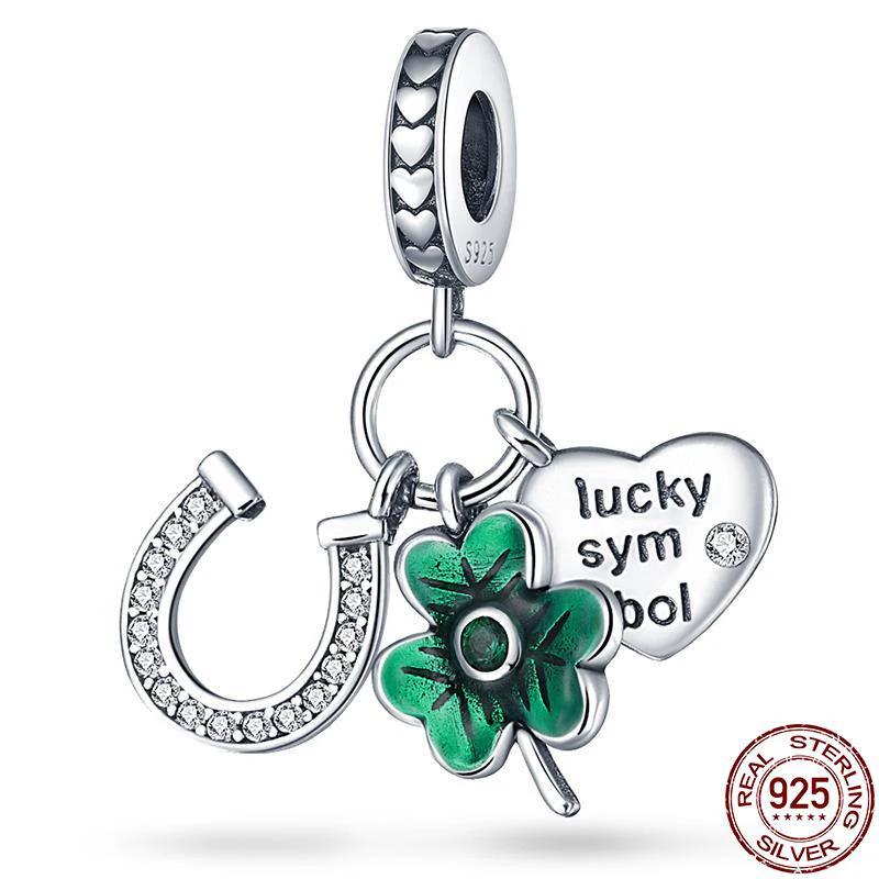 Authentic Copper Green Four-Leaf Clover Pink Design Pendant Fit Original Bracelet Jewelry Charm Bead Set Necklace Diy Female Jewelry