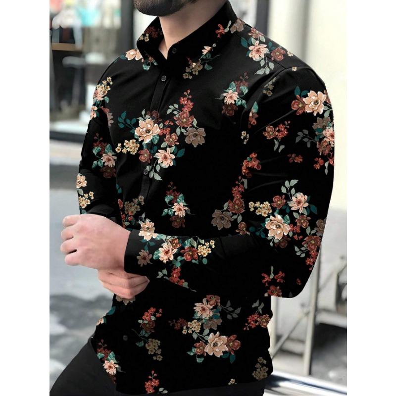 Fashion All-match Flower Print Men s Long Sleeve Shirt Casual Party Street Hawaiian Polo Collar Shirt Polyester 4XL