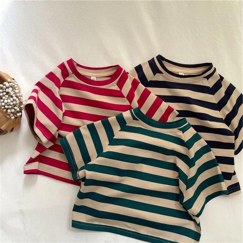 Modische T-Shirts mit breiten Streifen für Kinder Baby Baumwolle Lässige Basic-Oberteile Kinder Sommerkleidung Koreanischer Stil Kurzärmelige T-Shirts für Jungen Mädchen