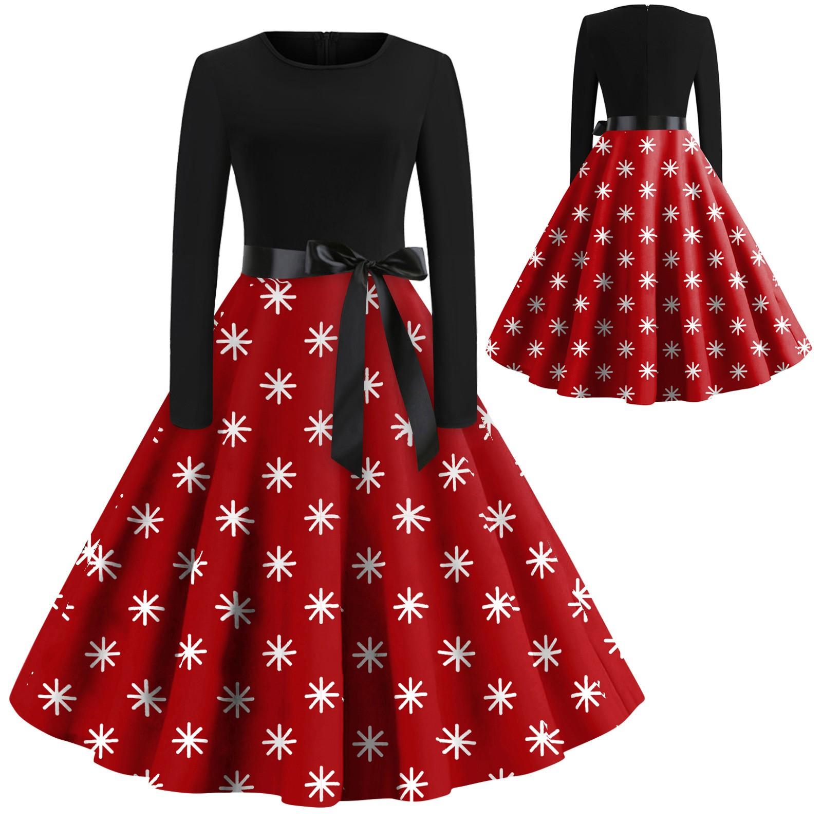 

Рождественское расклешенное платье с принтом для женщин, платье с длинными рукавами, вечерние повседневные платья, рождественские платья M винный