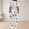 Women Plus Size White Printed Round Neck Short Sleeve Crop Top Drawstring Cuffed Pants Two Piece Set