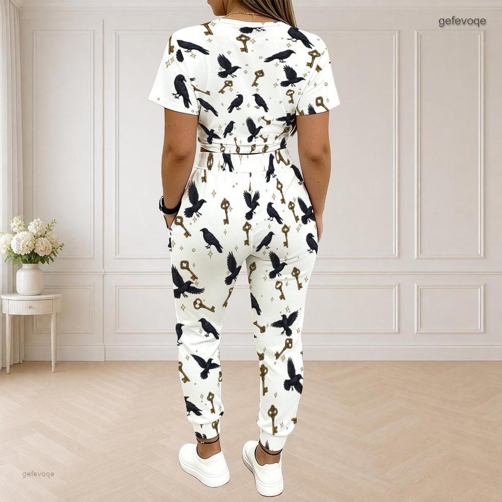 Women Plus Size White Printed Round Neck Short Sleeve Crop Top Drawstring Cuffed Pants Two Piece Set