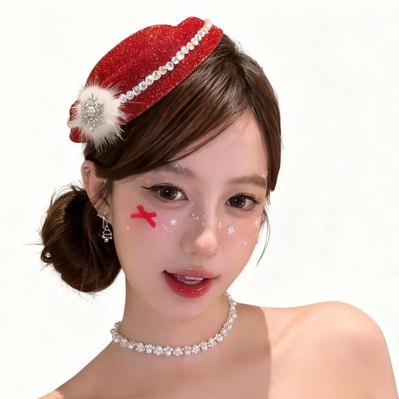 

Берет Зажим для волос со снежинками и стразами Шляпа-цилиндр Заколка для волос для женщин Девушек Зимний Фестиваль Мероприятие Наряд красный