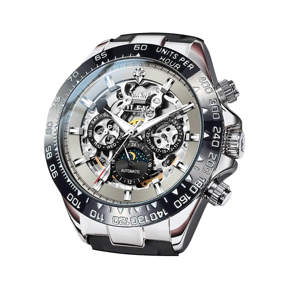 OLEVS Men s Automatic Skeleton Watch Date Waterproof Luminous Diamond Fashion Business Gray
