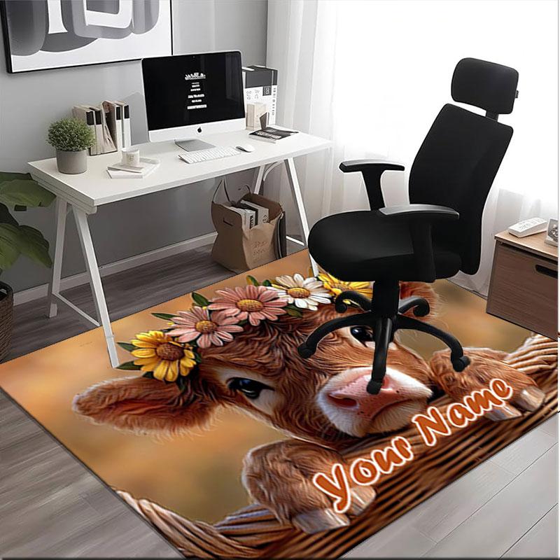 1PC Custom Name Cow Basket Flowers Theme Floor Mat Ideal for Living Room, Game Rooms, Office, Bedroom,Floor Mat Playful Design