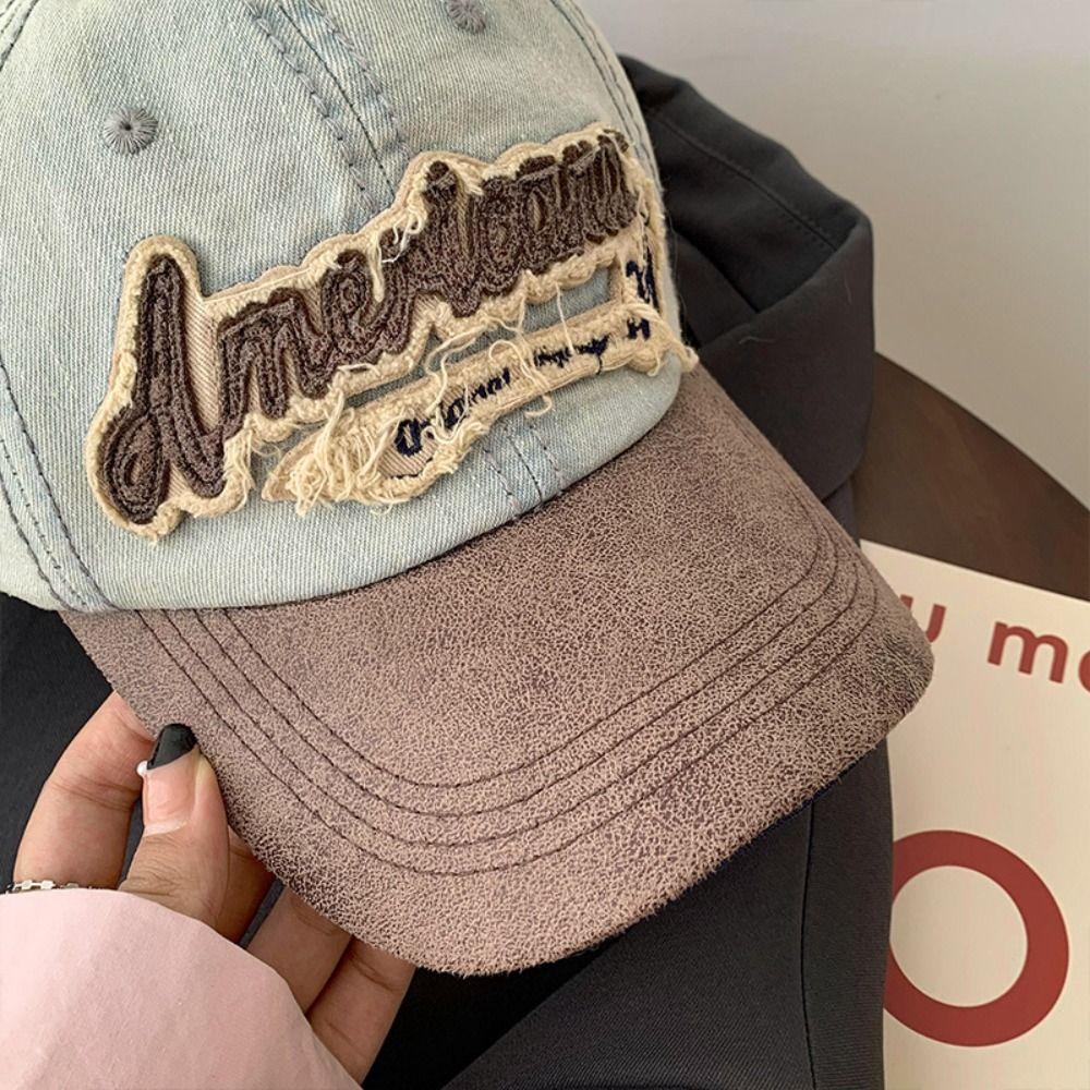 Splicing American Retro Baseball Caps Denim Peaked Cap Simple Tattered Jeans Sun Hat  Outdoor