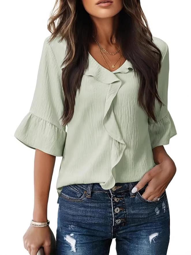 2026 Spring/Summer European & American V-neck Pleated Ruffle Loose Top