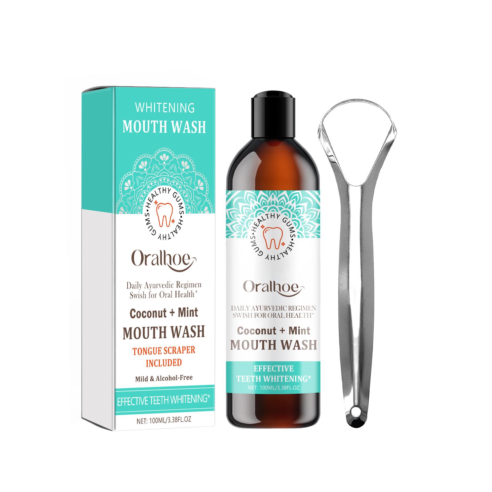 Oralhoe Mouthwash (100ml + tongue scraper) removes plaque, freshens breath, oral hygiene product.