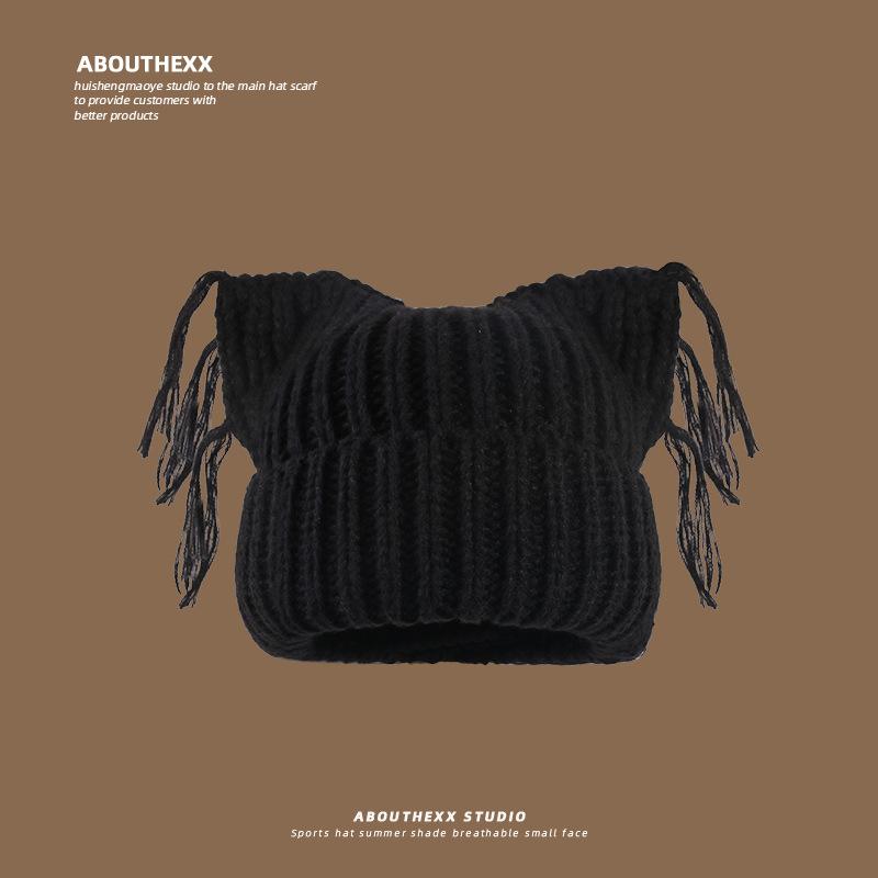 

Korean style Cat ear Tassel Hats Women s Autumn and Winter Woolen Hats Outdoor Warm Cold Hats Versatile and Cute Knitted Hats for Students M（56-58cm）