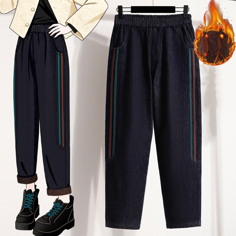 

DIMANAF 2025 Осень Зима Женские Джинсы Большого Размера Брюки Толстый Деним Повседневные Женские Длинные Брюки Флок Оверсайз Свободные Штаны 3XL синий