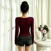 Women's Elegant V-Neck Long Sleeve Top with Pleated Front and Belt Design, Slim Fit Color Blouse