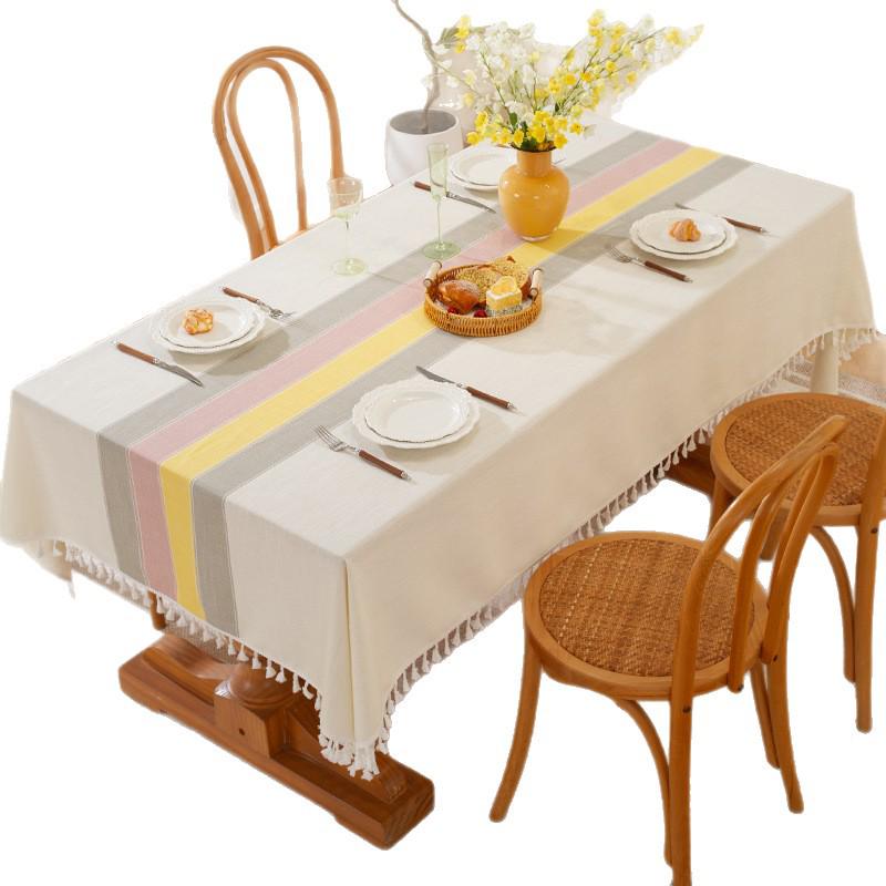 Nordic Style Stripe Patchwork Cotton Linen Tablecloth with Tassels - Dustproof Dining Table Mat