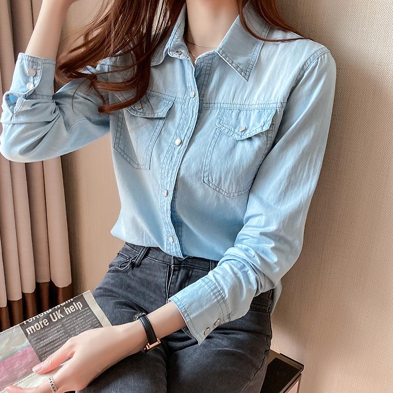 Camicia da donna alla moda e casual a maniche lunghe in stile denim a tinta unita