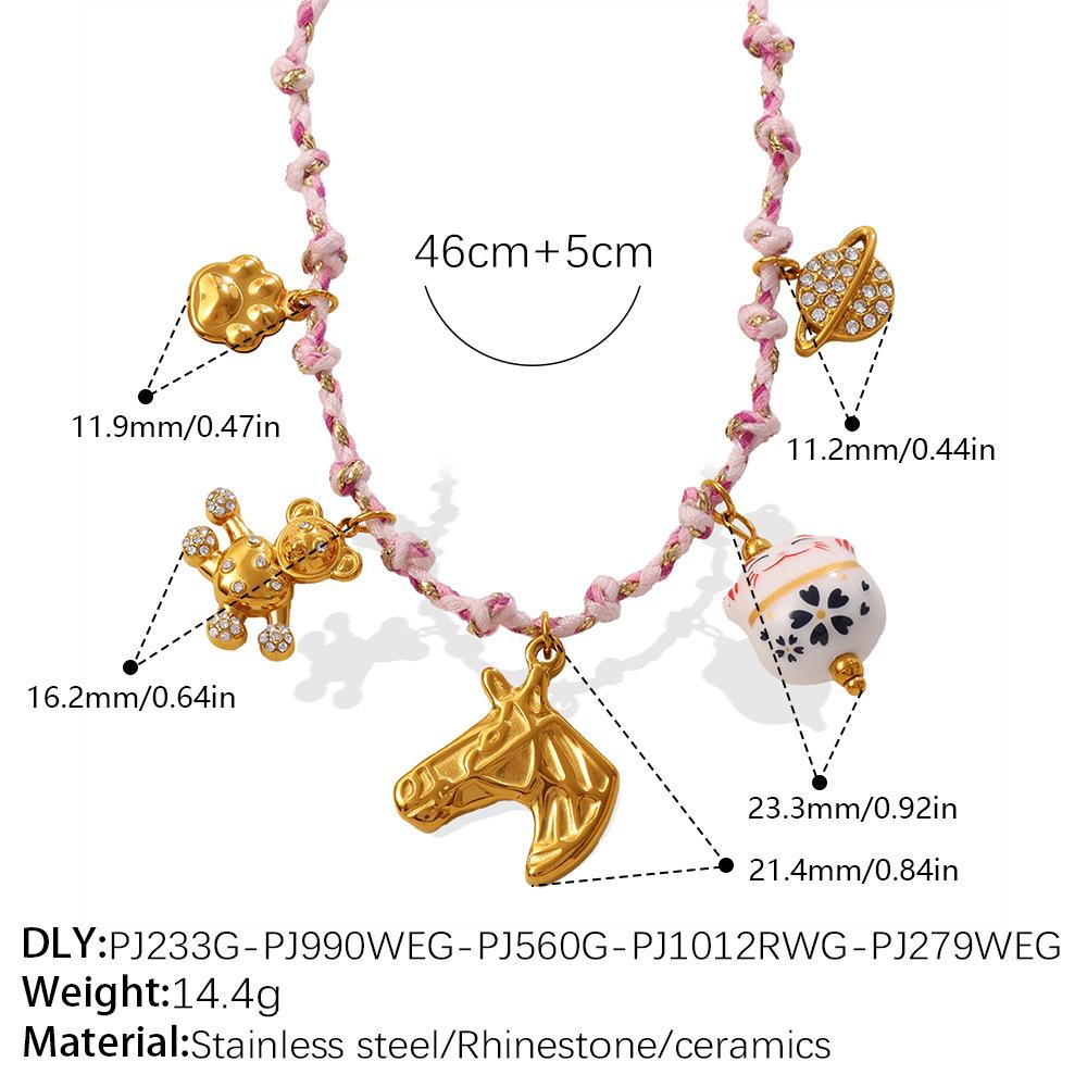 Pink rope bear strawberry necklace butterfly love diamond set sweet and cool niche neck chain bracelet set