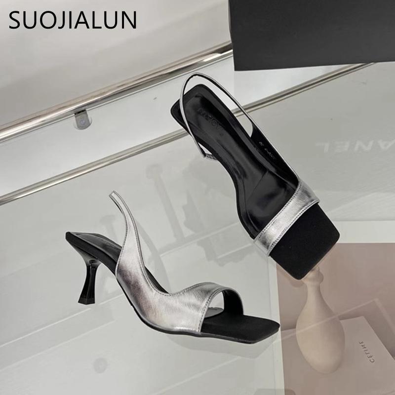 Fashion SUOJIALUN 2024 Summer New Brand Women Sandal Fashion Square Toe Shallow Ladies Elegant Slides Thin High Heel Outdoor Dress Pumps