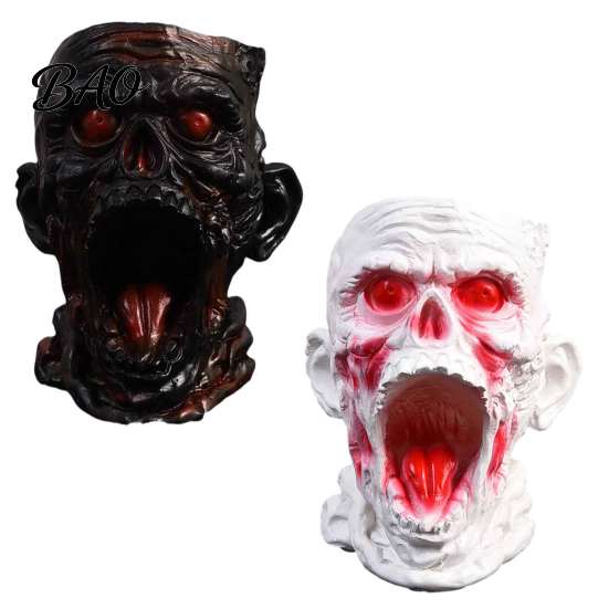 Dark Home Office Decor Gothic Skull Pen Holder, Realistic Zombie Head Makeup Brush Organizer, Large Capacity Desktop Niche Art Piece Storage