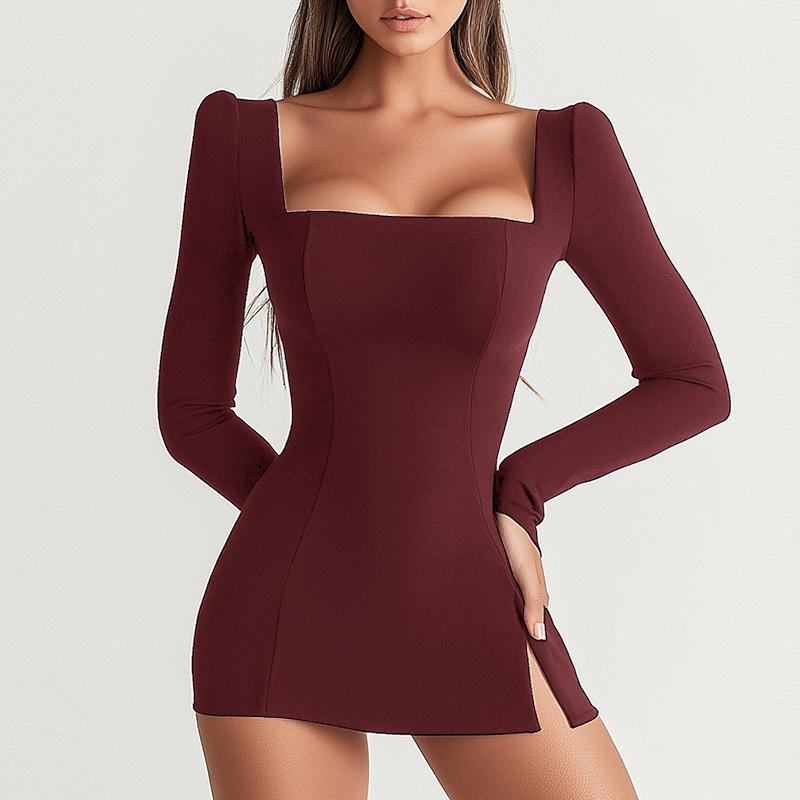 VONDA Women U-Neck Long Sleeve Solid Color Split Thin Bodycon Mini Dress