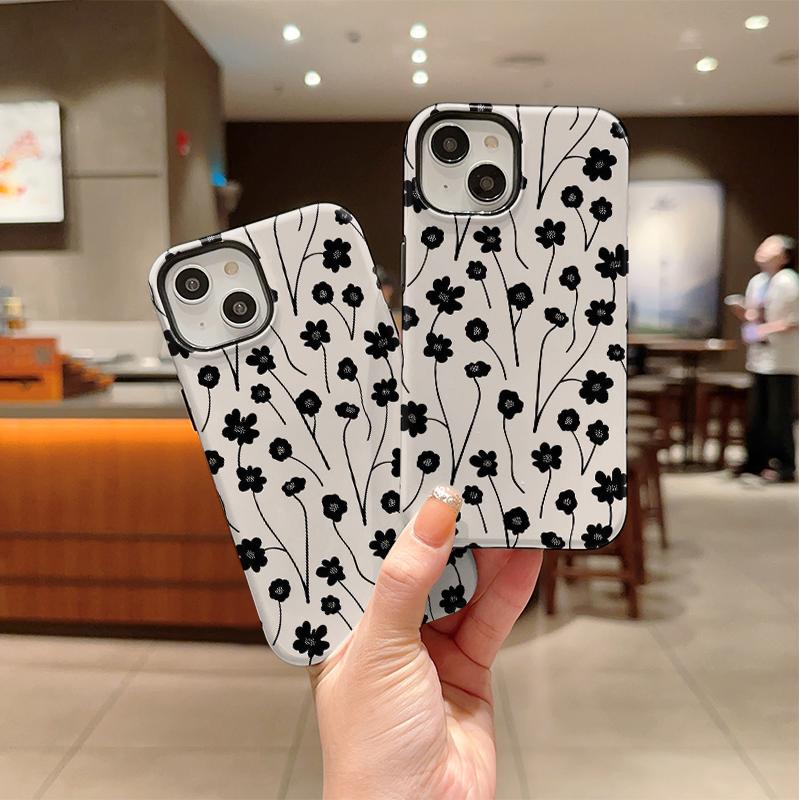 Delicate Organic Black Cream Floral Stem Pattern Art Film Aesthetic Protective Shockproof Bumper Phone Shell Cover For iPhone 14 15 16 Pro Max Plus