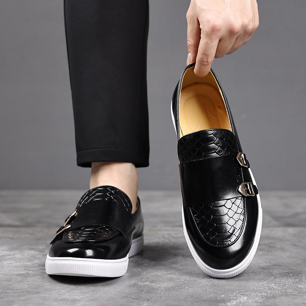 Fashion New Solid-Color Men's Casual Loafers For Autumn And Winter Fashionable Crocodile Pattern Double-Breasted Comfortable Flat Shoes