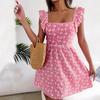 Women Spring Summer Square Collar Sleeveless Strapless High Waist Daisy Print Casual Resort Dress S-XL