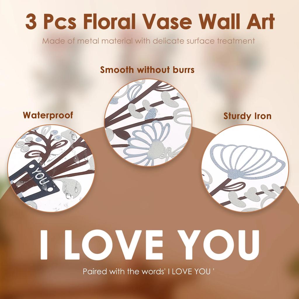 3 Pcs Metal Flower Wall Pendant Waterproof Metal Flower Wall Art with Screw for Living Room Bedroom Bathroom and Home Decoration
